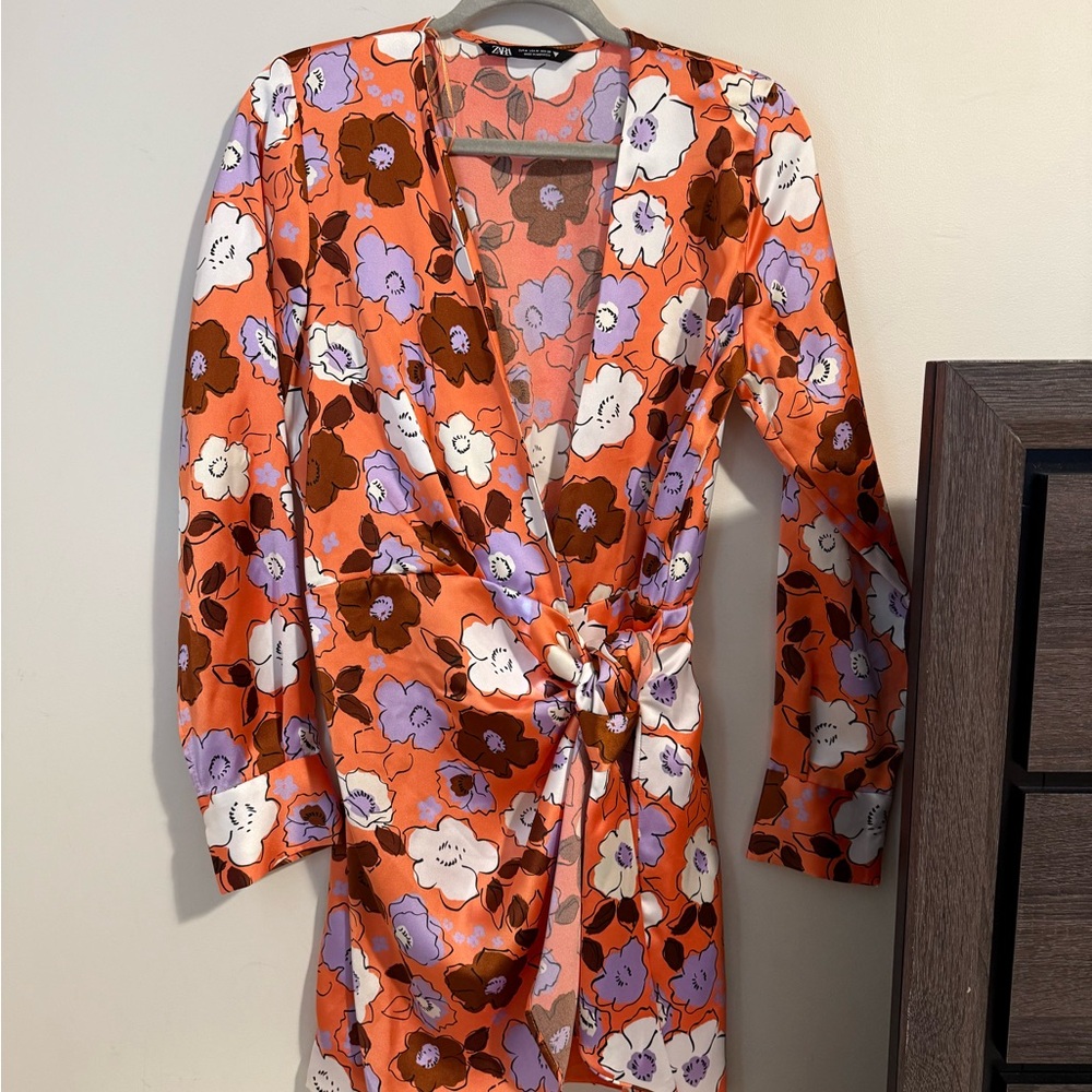 Zara Floral Wrap Dress - Orange, Purple, White